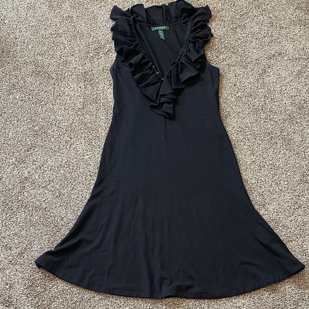 Lauren Ralph Lauren Black Midi Dress with Ruffle Neckline